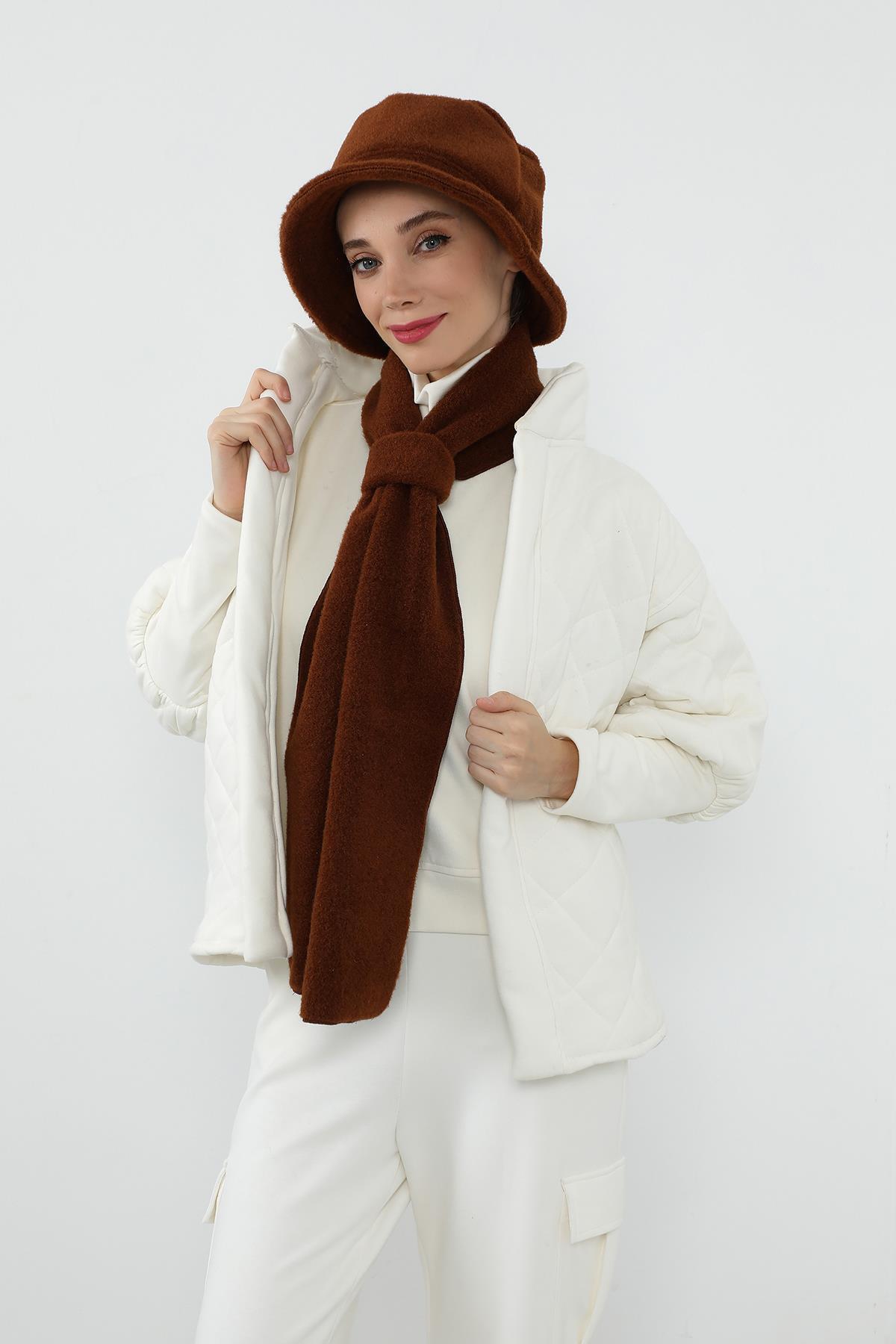 Aisha's Design Kışlık Düz Keçe Bucket Şapka ve Atkı Takımı,BAT-1DK