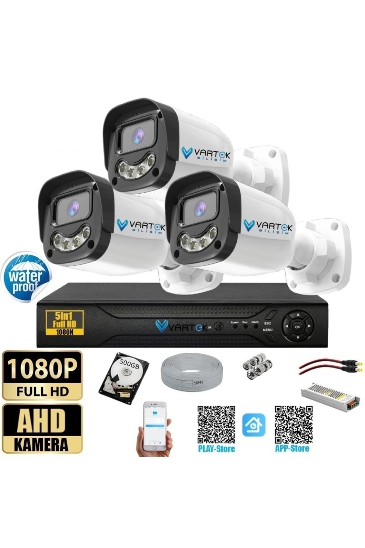 VARTEK BİLİŞİM 3 Kameralı 500GB-5MP Gece Renkli Gülen Yüz 1080P FULLHD Kamera Set-Su Gecirmez-Sabit İP Gerektirmez