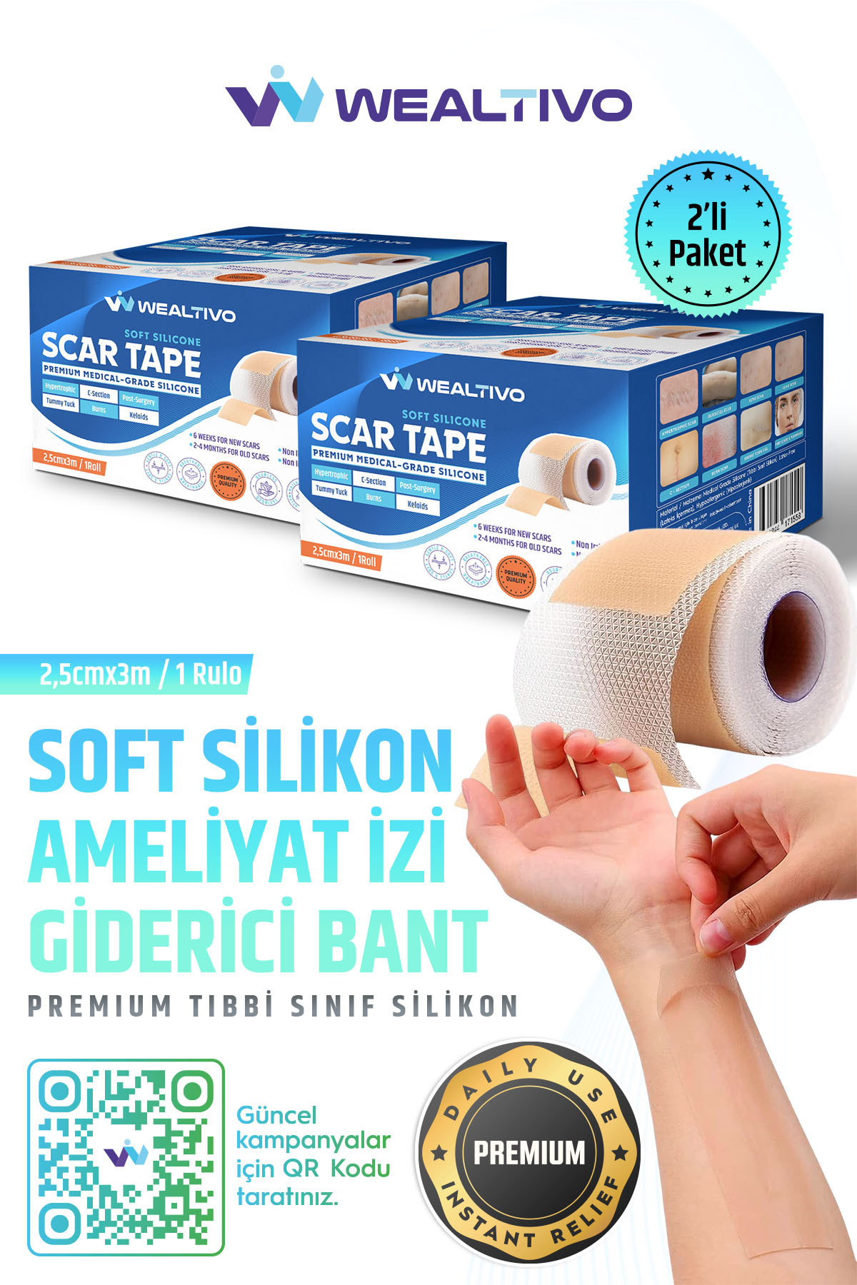 Wealtivo Premium Soft Silikon Bandı 2’li Set 3 m - 2,5 cm Genişlik, Ameliyat/Sezaryen/Skar