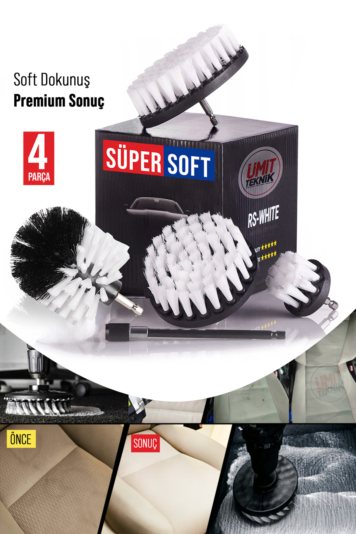 PROXTECH Koltuklara Özel 4 Parça Yüksek Mikron Matkap-Polisajlara Özel Paspas Koltuk Halı Yıkama Fırça Takım