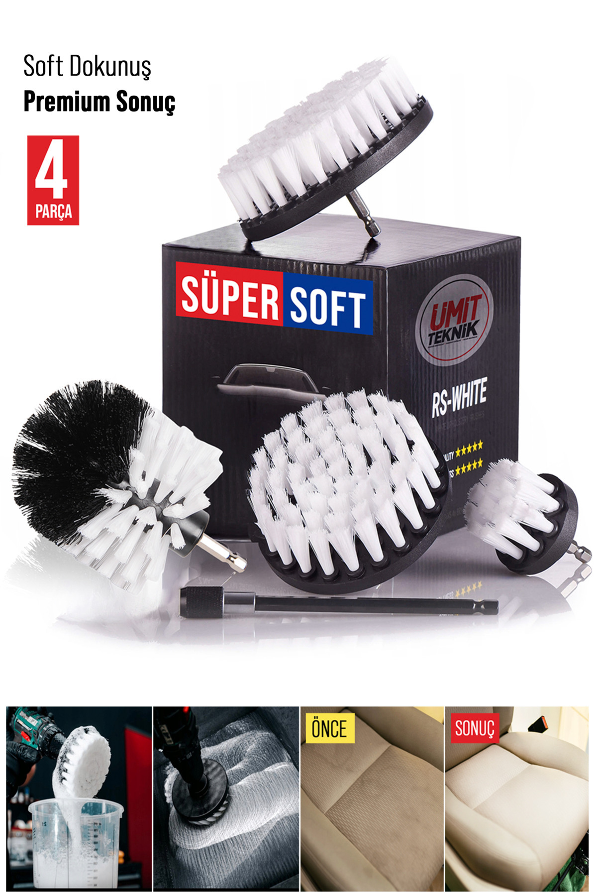 PROXTECH Yumuşak Fırça 4Parça Premium Matkaplara Ve Polisajlara Özel Paspas Koltuk Halı Yıkama Fırça Set