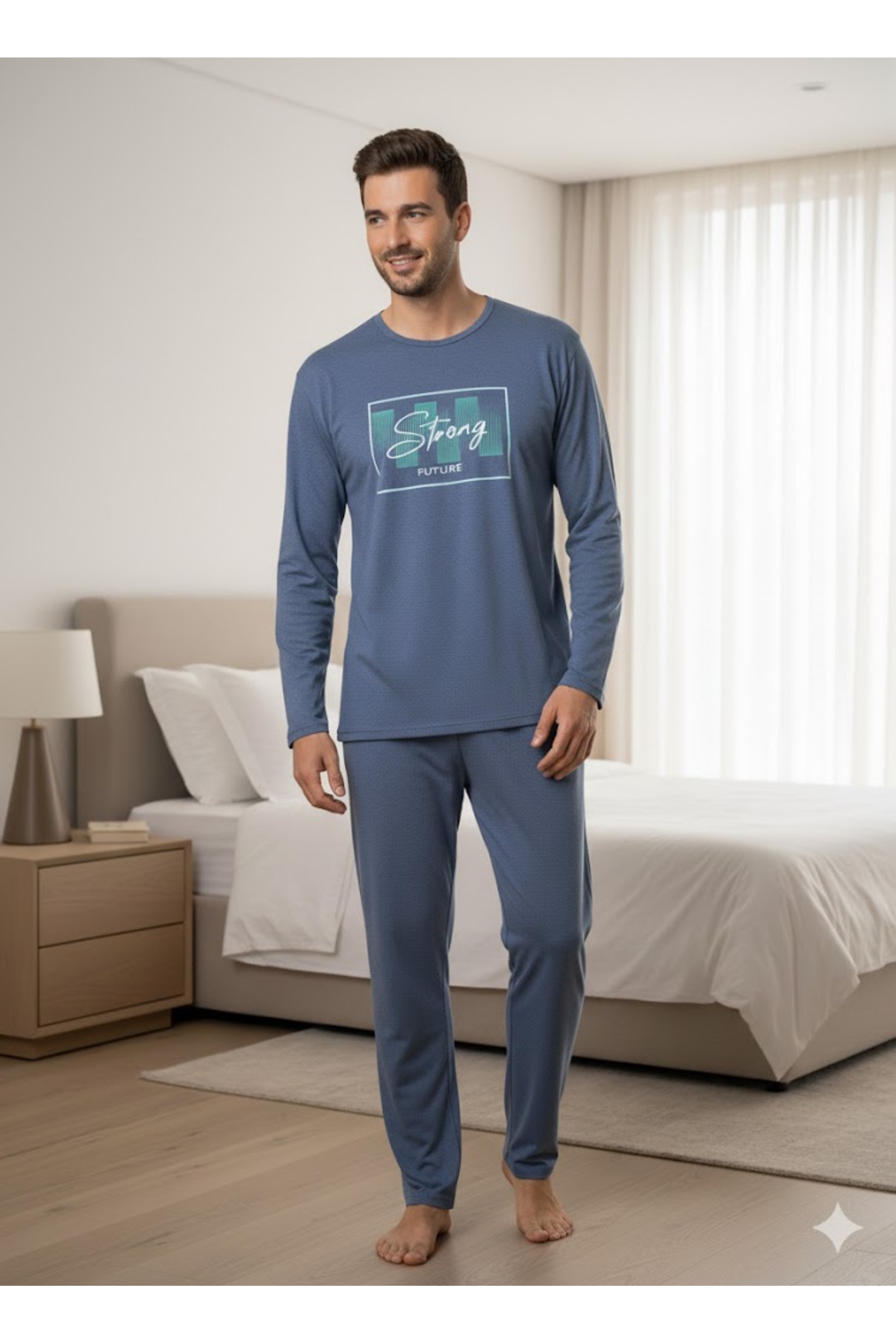 FAMES PİJAMA ERKEK MAVİ UZUN KOL PİJAMA TAKIM
