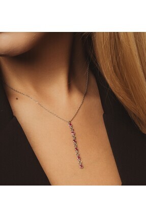 limon jewellery Pembe Yuvarlak Taşlı Y Kolye 925 Ayar Gümüş