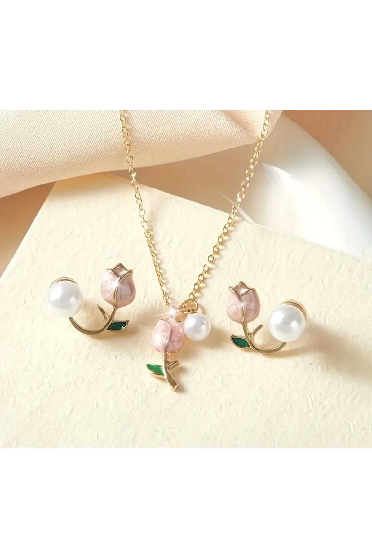 MURASSA BUTİK Lale Desen İnci Detaylı Küpe Ve Kolye Seti