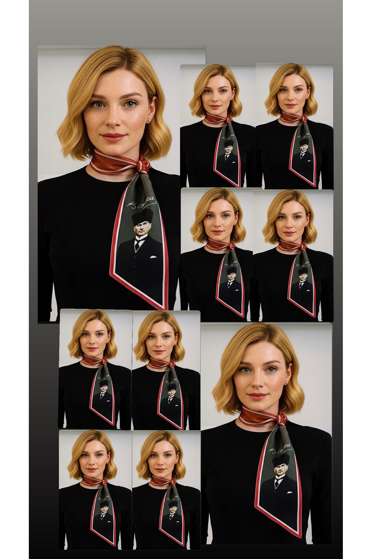 Mavi Masal 10 Adet Atatürk Fotoğraflı İmzalı ve Türk Bayraklı Eşarp / Kravat / Fular