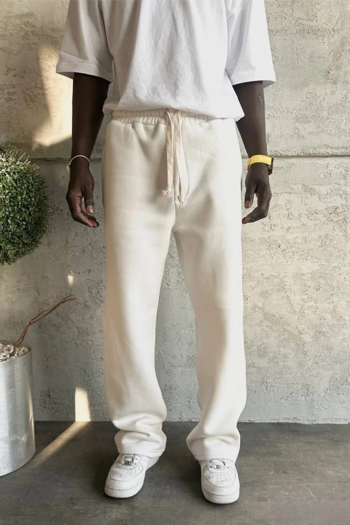 Erkek Baggy Kalıp 3 İplik Şardonlu Beyaz Eşofman Altı KE-7030