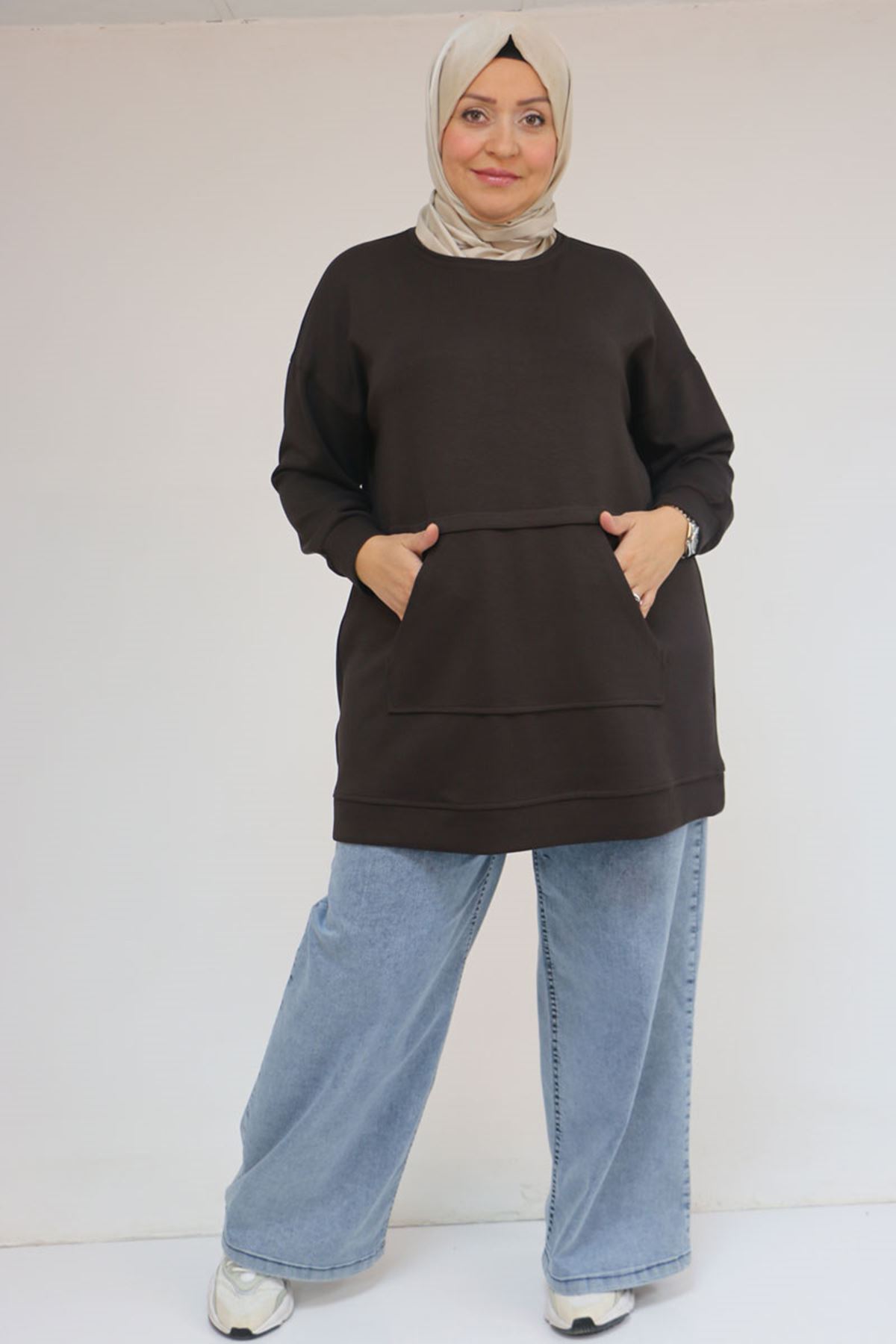 Eslina 58133 Büyük Beden Kanguru Cepli Modal Tunik - Kahve