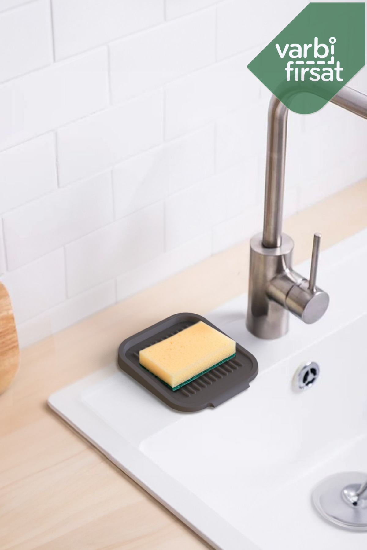 Varbifırsat Gri Silikon Su Giderli Sabunluk Vantuzlu Esnek Yapılı Banyo Mutfak Duvar Tipi Sabun Sünger Kabı