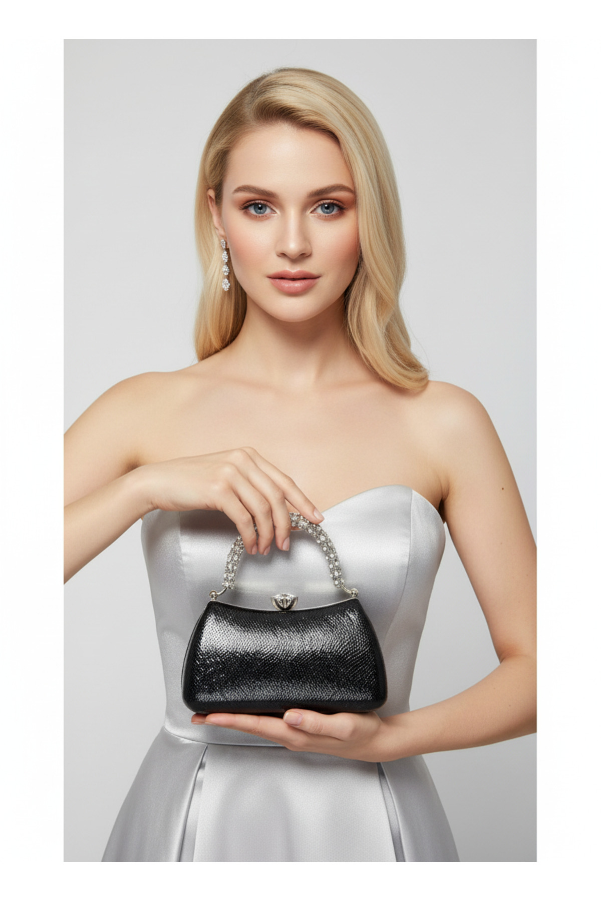 Biçanta Siyah Renk Özel Tasarım Renk Kristal Desen Taşlı Saplı Kulplu Kadın Abiye Çanta