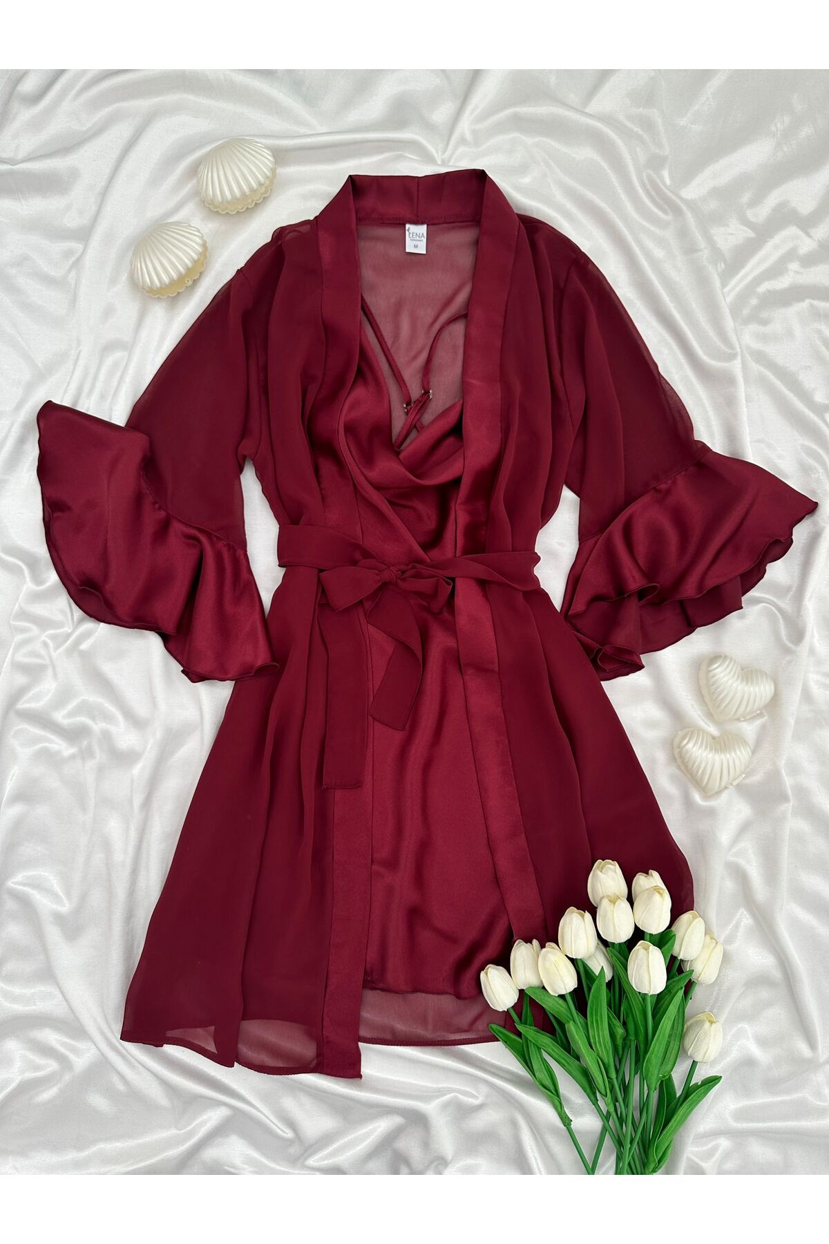 Lena Homewears Luxury Chane İkili Saten Gecelik & Şifon Sabahlık Premium Gelin Seti (Kutulu)