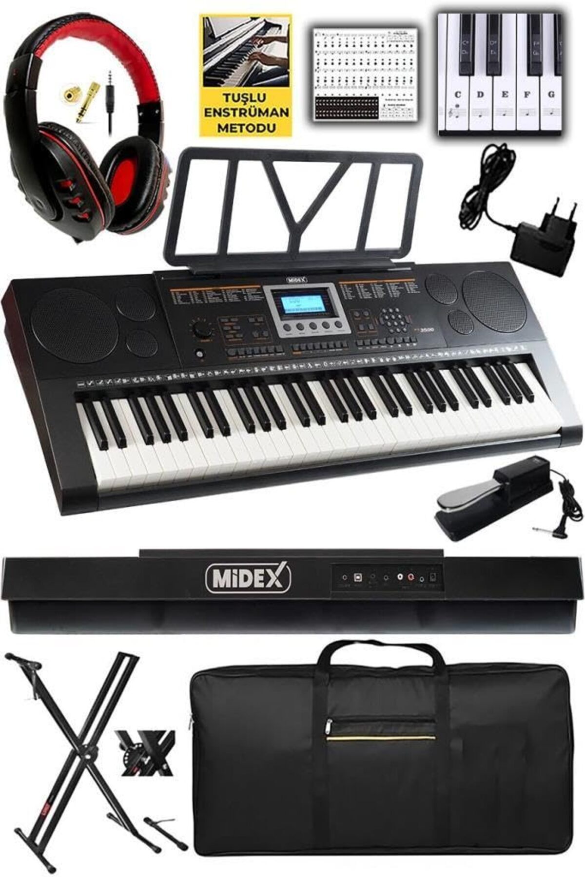 Hepta Collection PS-3500KSP Tuş Hassasiyetli 61 Tuşlu Org Sustain Pedallı (Stand Pedal Çanta Kulaklık Notalık Adaptör