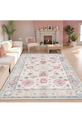 rugseason Çiçekli Mavi Çerçeveli Dokuma Taban Kilim Salon Mutfak Oturma Odası...