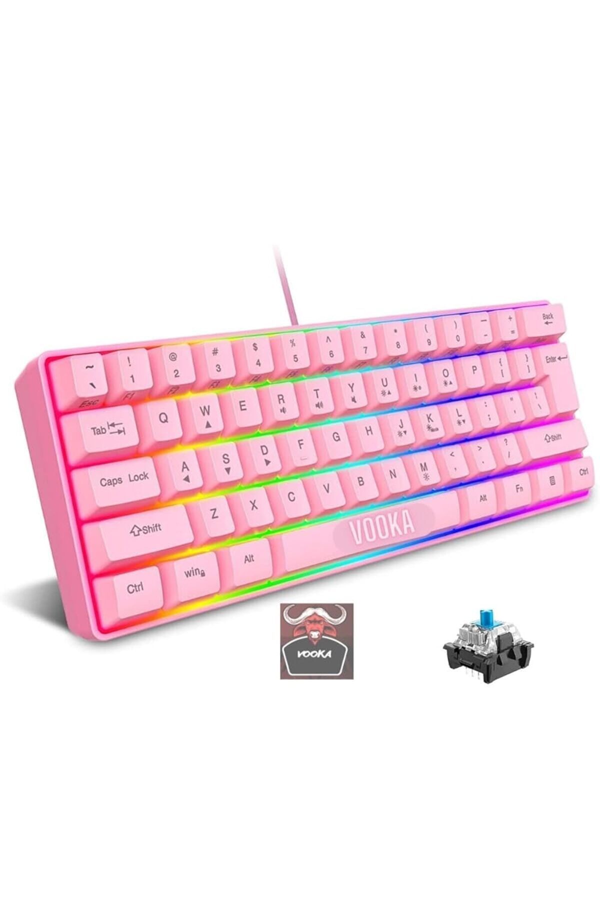 Resim Hype Store Vooka Trol Blue Switch Mini Rgb Oyun Klavyesi Gaming 62 Tuşlu 18 Rgb Led Usb Tip-C Kablosu Pembe Uyu 