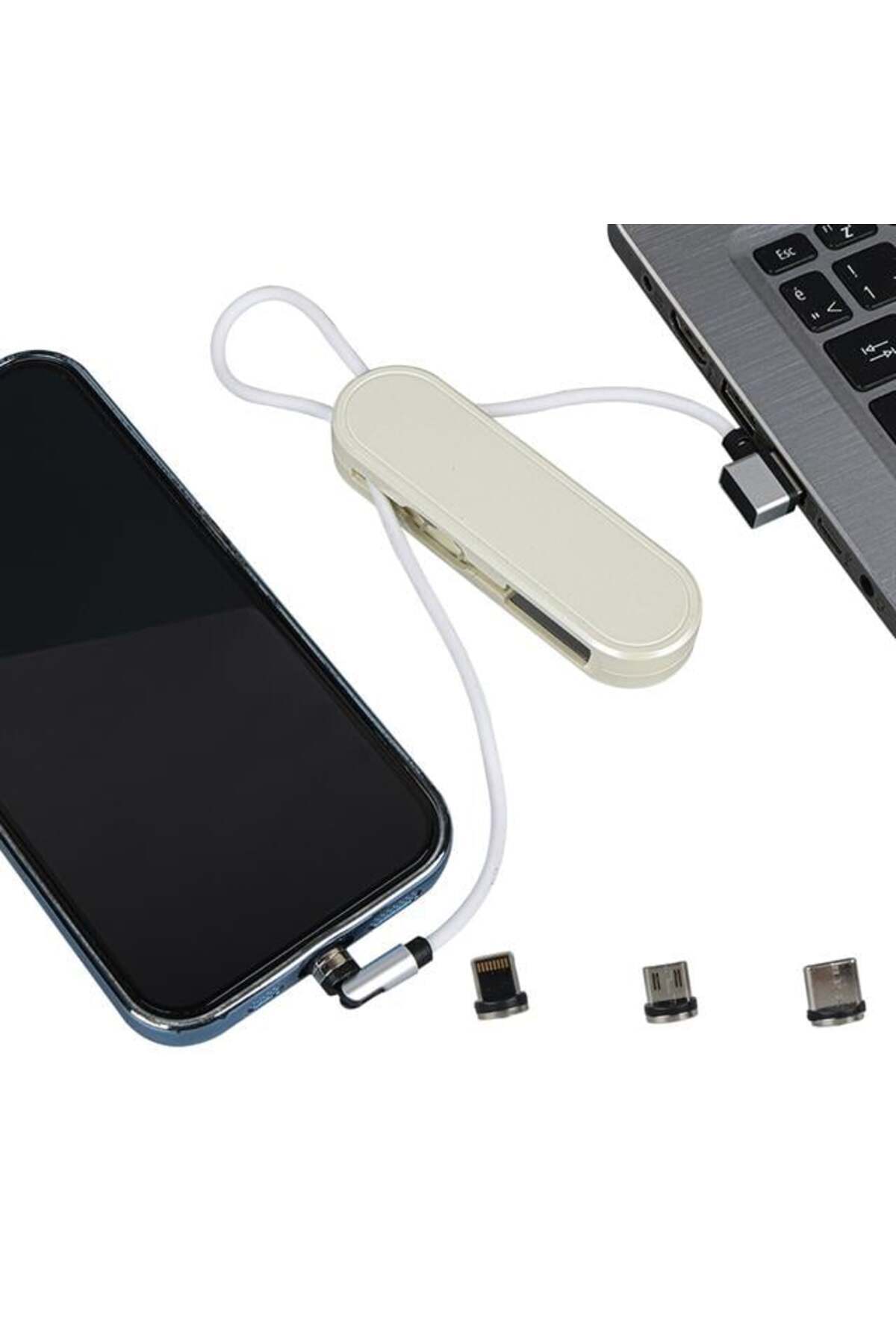 merland benvecocuk Pm-25905 Beyaz 3in1 (type C- Lightning-micro Usb) Manyetik Uç Taşınabilir Şarj Kablosu