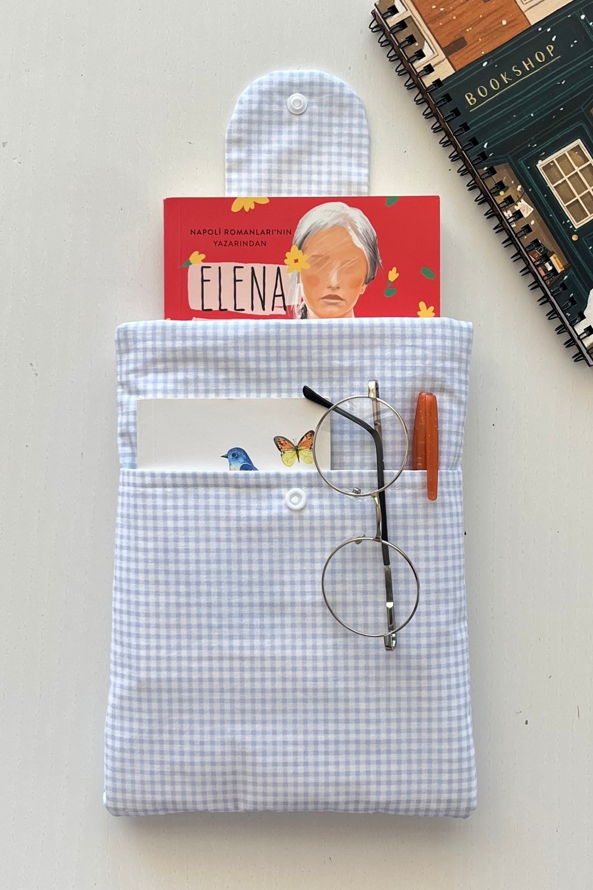 Outlet Çarşım Mavi Pötikareli Cepli Kitap Kılıfı Kitap Sever Hediyesi