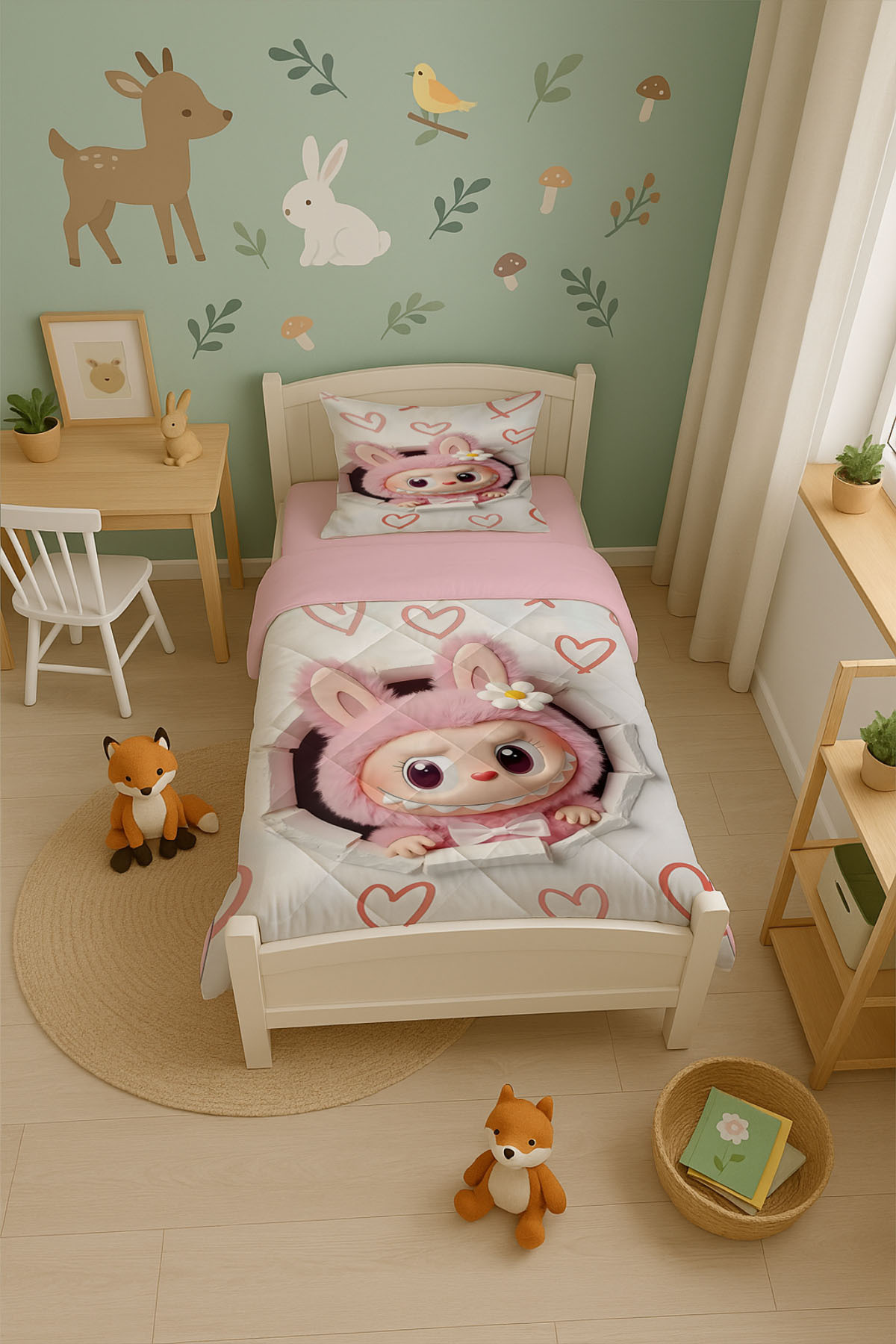 Şen Dekorasyon Labubu Kalpler Çocuk Yorgan Takımı