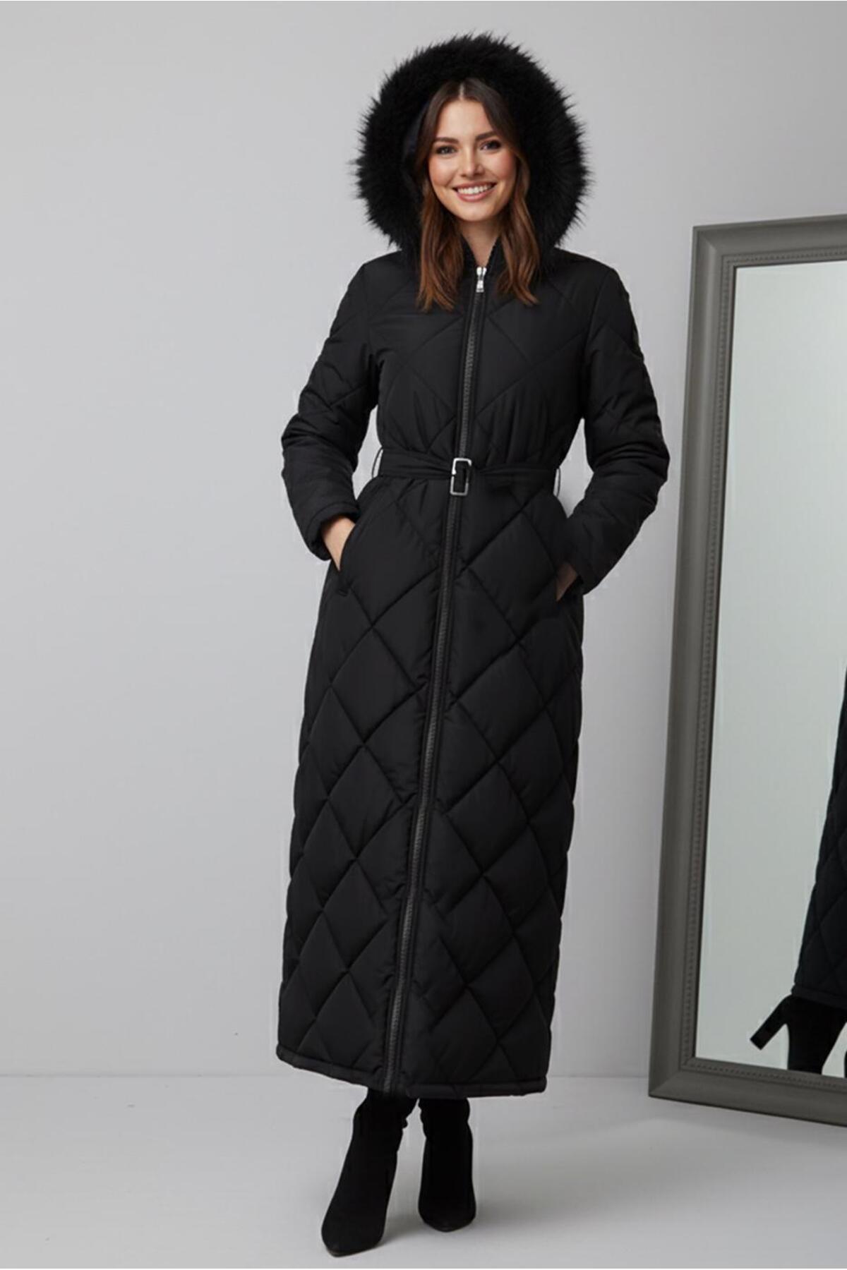 TRENDTESETTÜR  KADIN SİYAH KEMERLİ MANTO T 3519 - Görsel 3