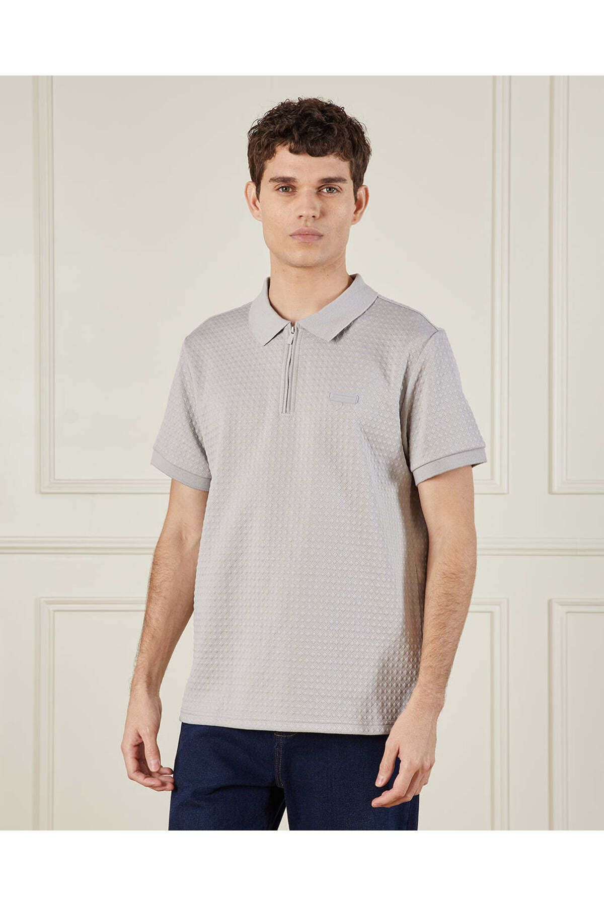 REDTAG Men Beige Zip Placket Jacquard Polo Shirt