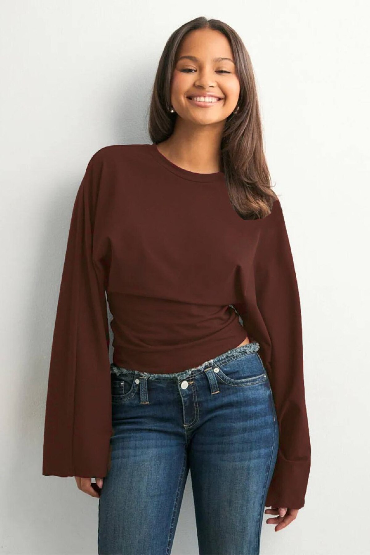 Boutiquality  DALGIÇ KUMAŞ UZUN GENİŞ KOLLU BLUZ - Görsel 3