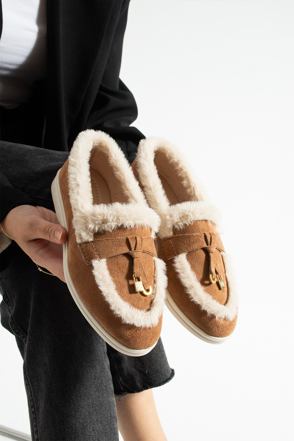 Taba Kışlık Peluş Loafer Babet Ayakkabı (Kaymaya Karşı Dirençli)