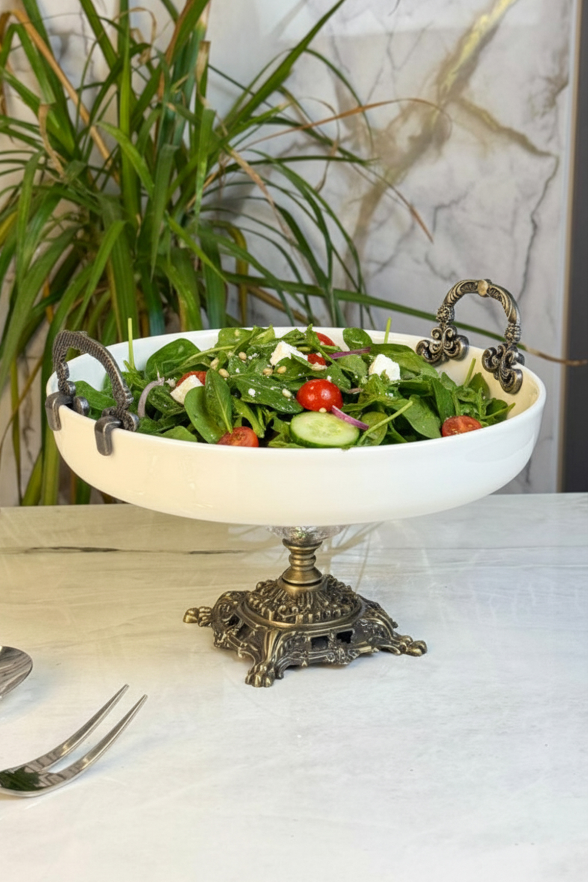 シルバー　アンティーク　飾り皿　箱入54g MAY HOME Porselen Antik Kulplu Ayaklı Sunum Kasesi & Salata Meze
