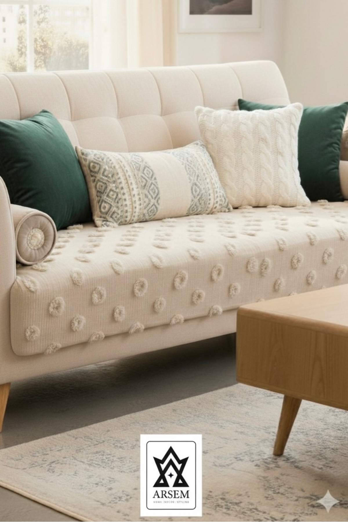 Pompom Seat Cover Cappuccino 100x250cm