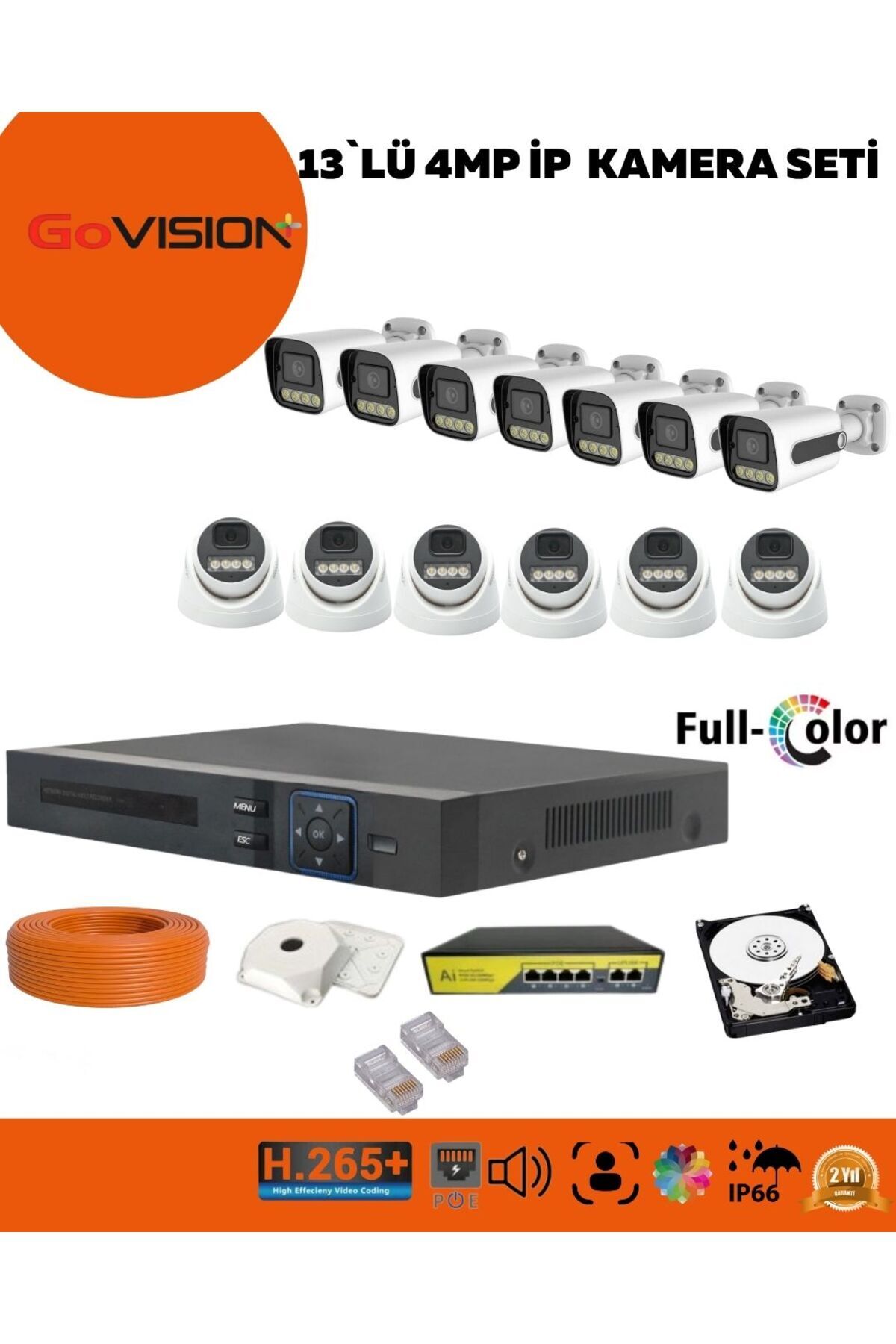 Go Vision 13'lü Güvenlik Ip Kamera Seti - 4mp Kamera, 3.6mm Lens, H.265, Poe, Warm LED Gece Görüşlü