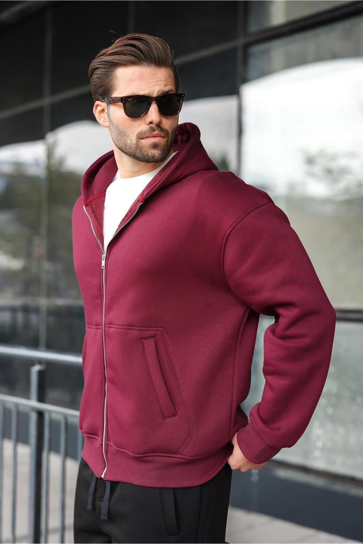 Madmext Bordo Fermuarlı Kapüşonlu Erkek Hırka E7174 görsel 2