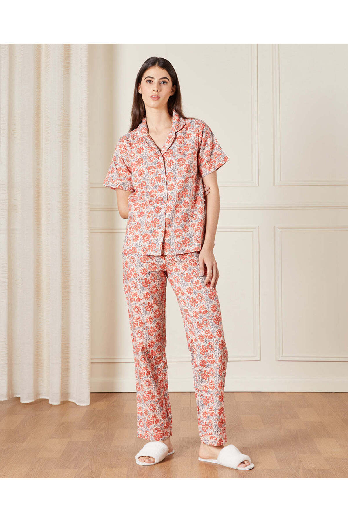 REDTAG Women Red Collared Pyjama Set (2 Piece)