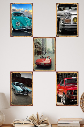 DURUSA Klasik Araba, Poster,Tablo Seti , 5’li 30x20 cm MDF UV Baskı Retro , P...