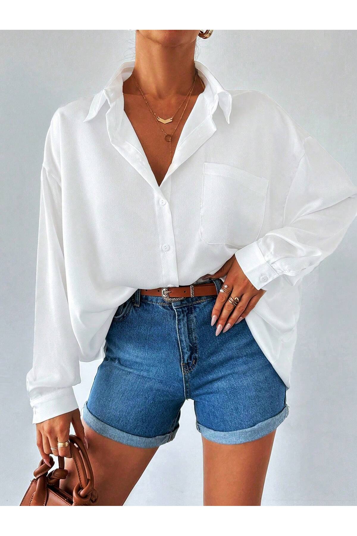 BORCKA TEKSTİL  Beyaz Oversize Kadın Gömlek - Görsel 7