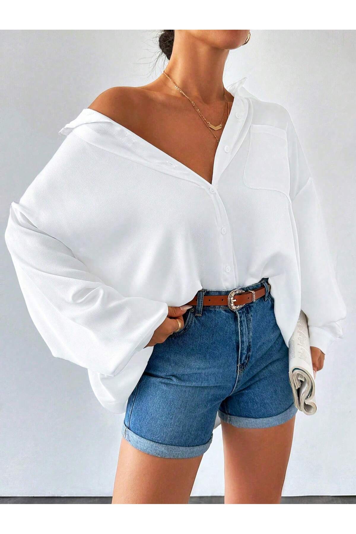 BORCKA TEKSTİL  Beyaz Oversize Kadın Gömlek - Görsel 4