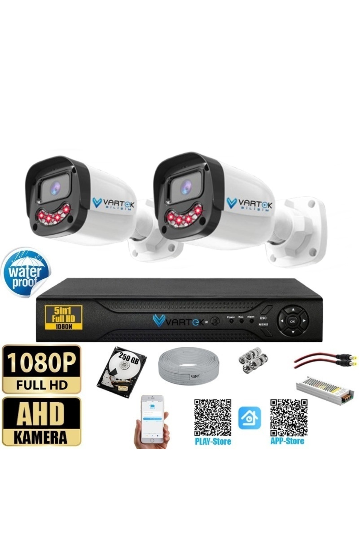 VARTEK BİLİŞİM 2 Kameralı 250GB-5MP Gece Görüşlü Gülen Yüz 1080P FULLHD Kamera Set-Su Gecirmez-Sabit İP Gerektirmez