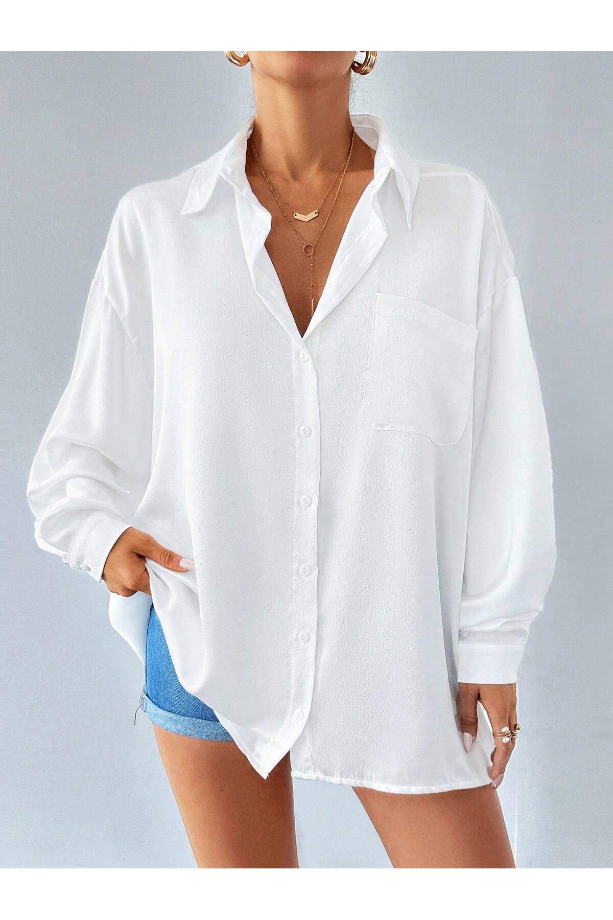 BORCKA TEKSTİL  Beyaz Oversize Kadın Gömlek - Görsel 5