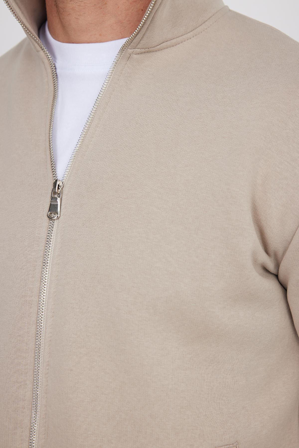 Tudors  Unisex Relax Fit Rahat Kesim Pamuklu 3 İplik İçi Polarlı Fermuarlı Cepli Taş Sweatshirt Hırka - Görsel 3