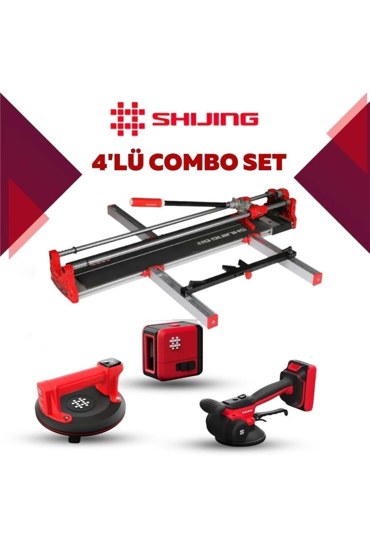 SHİJİNG TOOLS Manuel Kesici Dijital Vantuz Fayans Vibratörü ve Lazer Metre 4'lü Pro Set