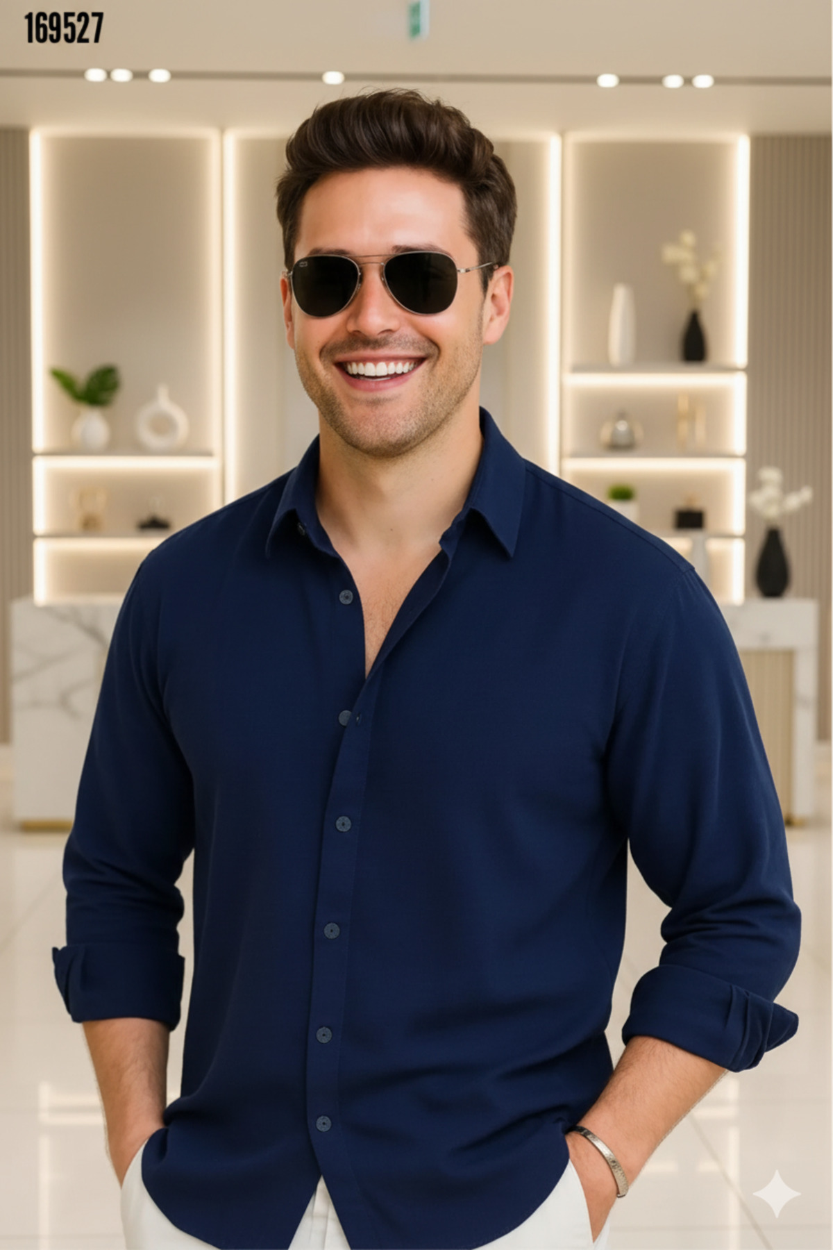 Mamlay  Yazlık Dokulu Lacivert Yarım Oversize Erkek Keten Gömlek