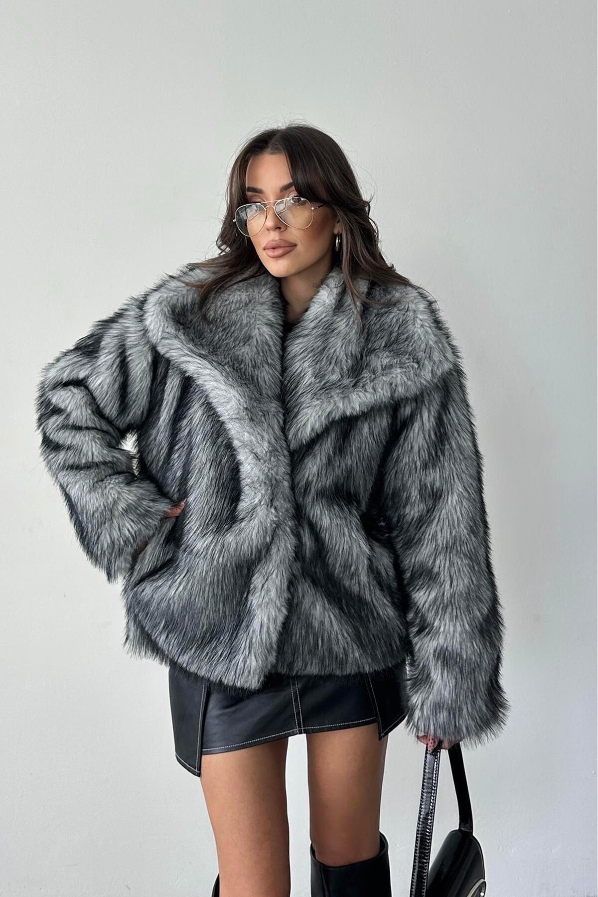 My Loore  Kadın Kürk Kırçıllı Gri Kaban MLB092 - Görsel 2