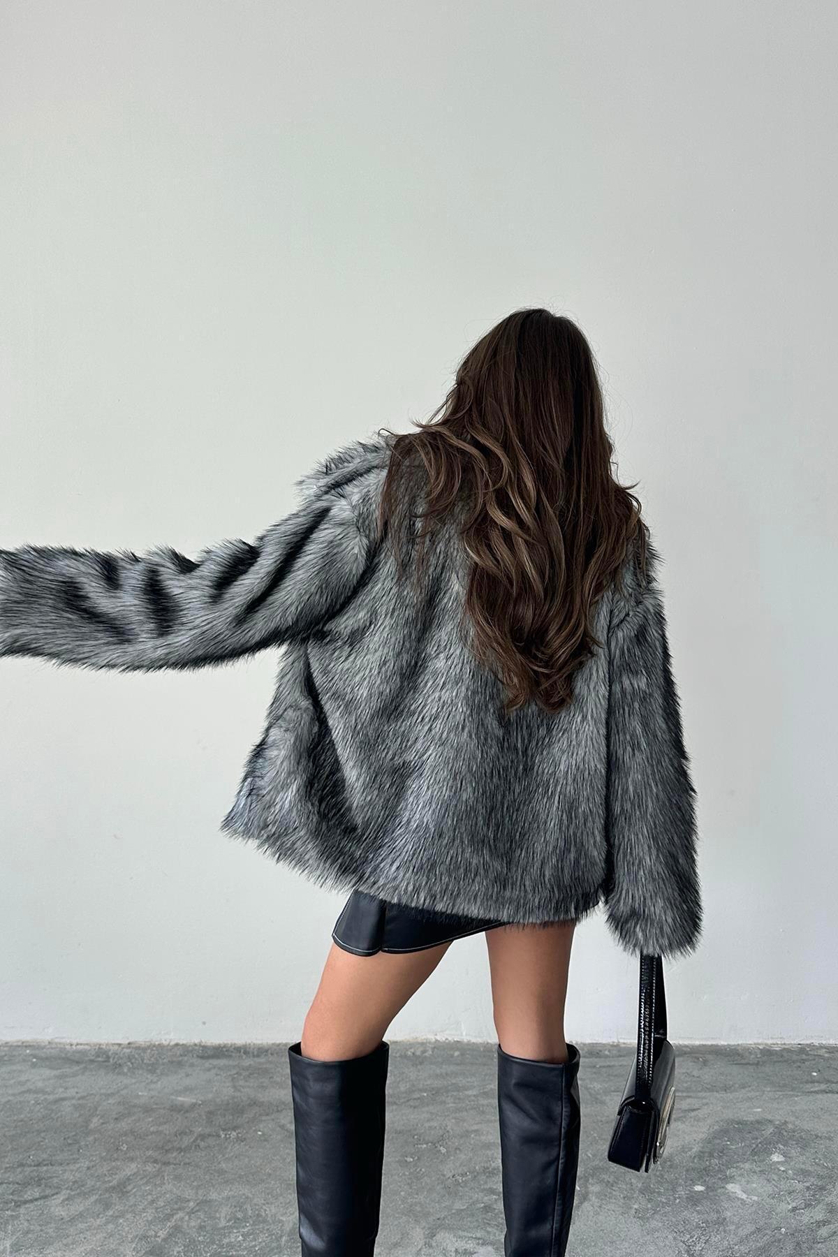 My Loore  Kadın Kürk Kırçıllı Gri Kaban MLB092 - Görsel 5