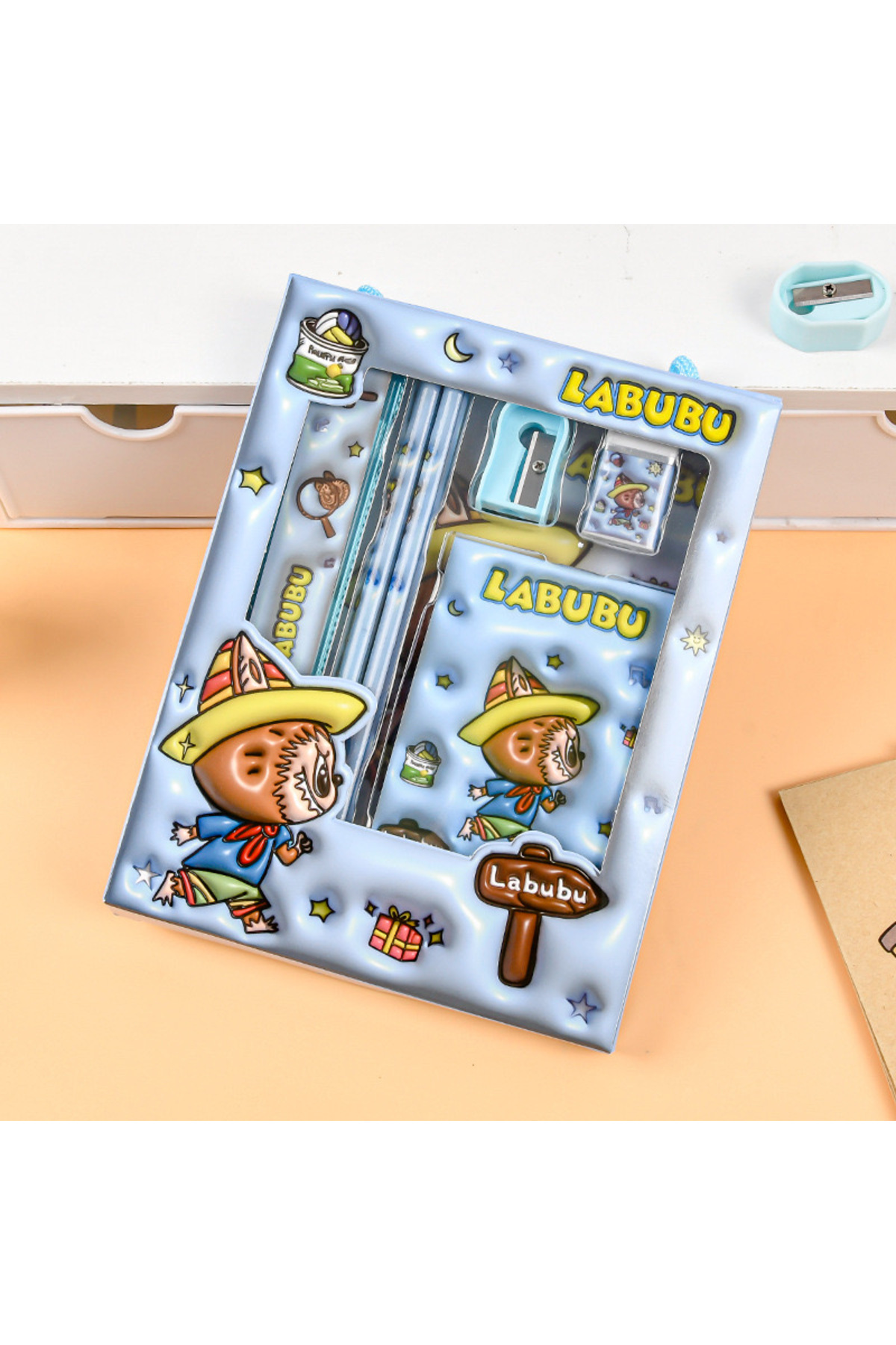 synshop Labubu Mavi Kırtasiye Seti 2 Adet Kurşun Kalem Not Defteri Kalemtraş Silgi Cetvel Hediyelik