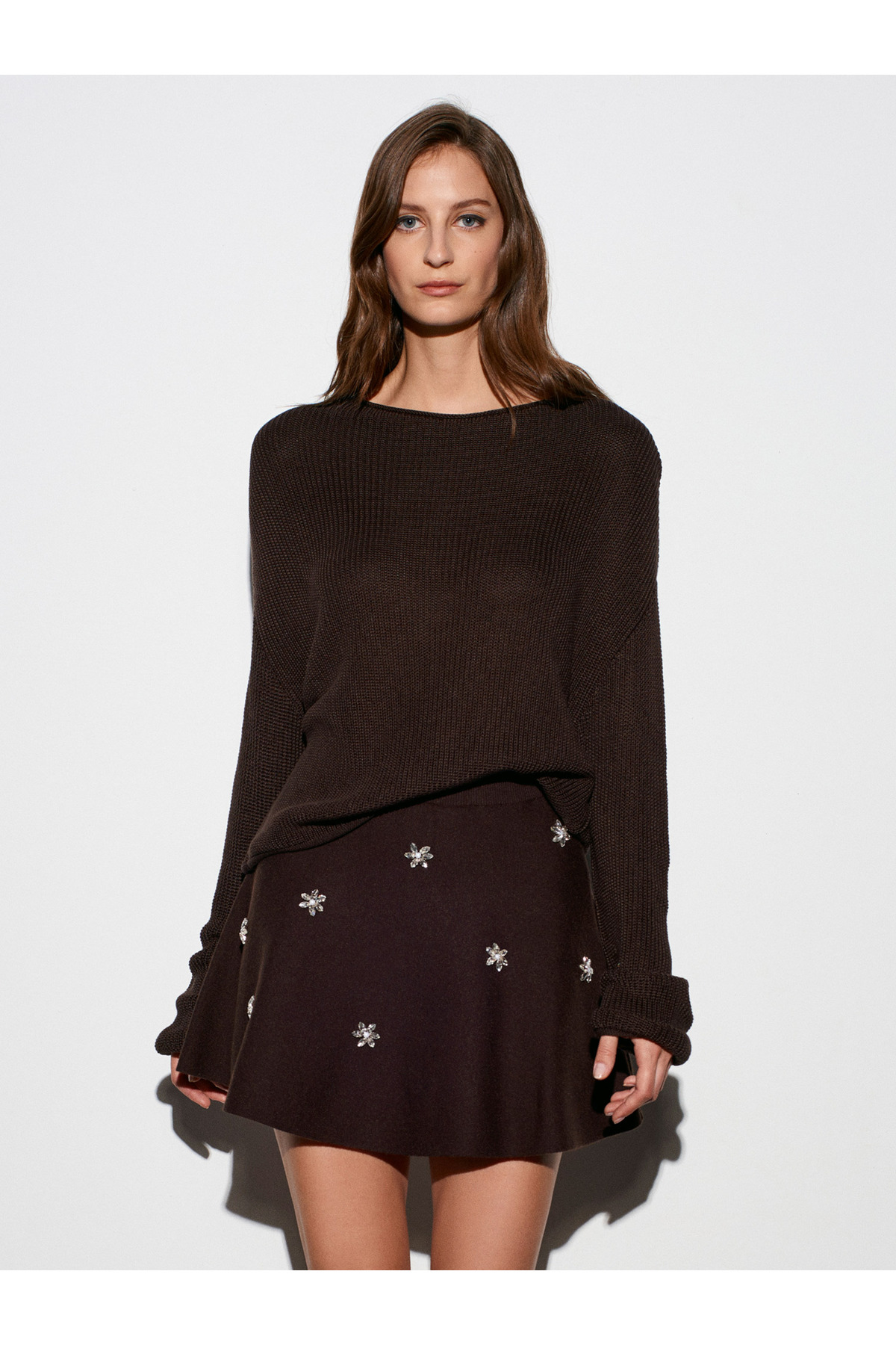 Dilvin  10804 Kayık Yaka Dökümlü Triko Kazak-Koyu Kahve - Görsel 5