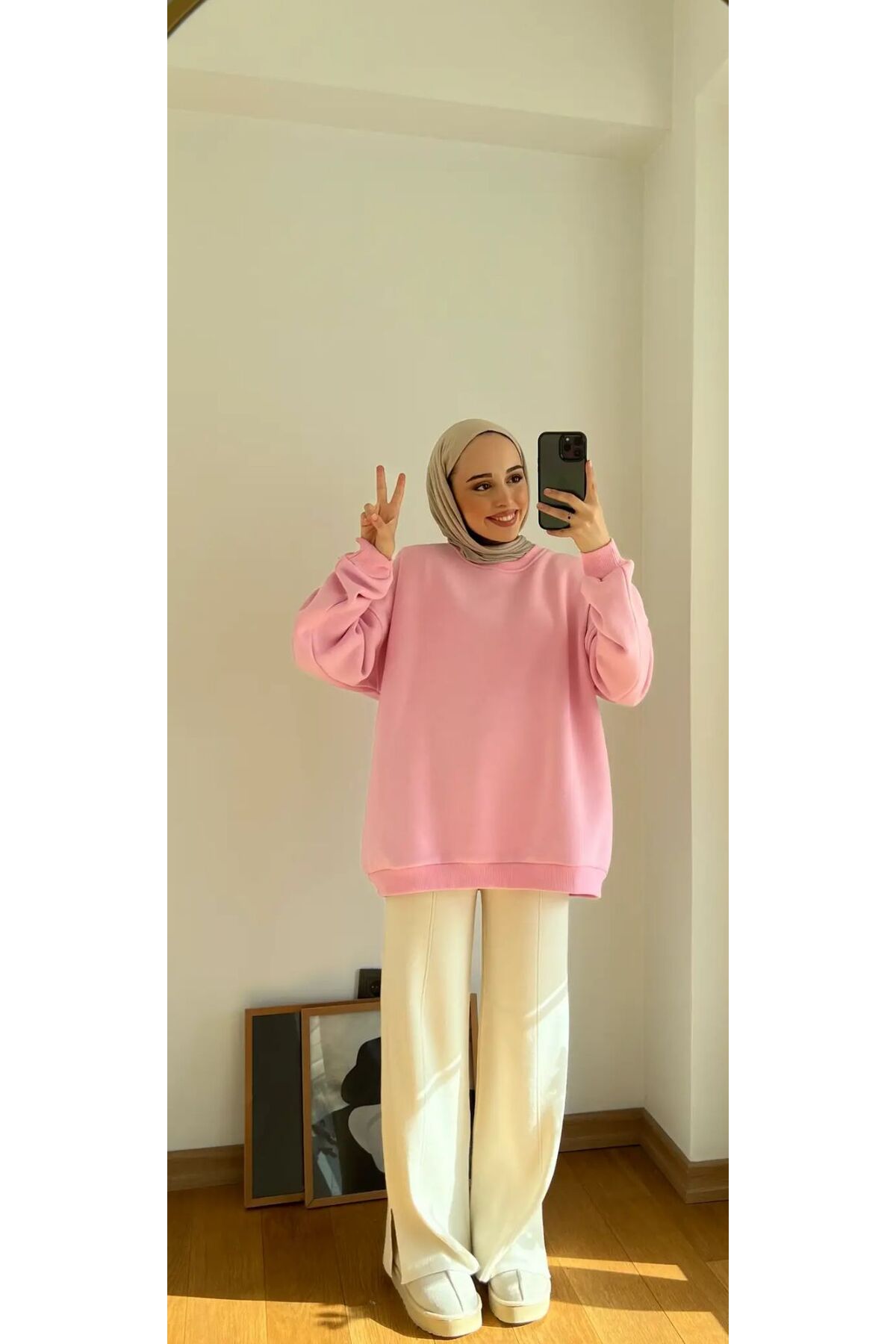 onlymoon %100 Pamuk Kadın Sweatshirt Pembe, Oversize Uzun Kalıp Yumuşak Basic Günlük Üst görsel 6