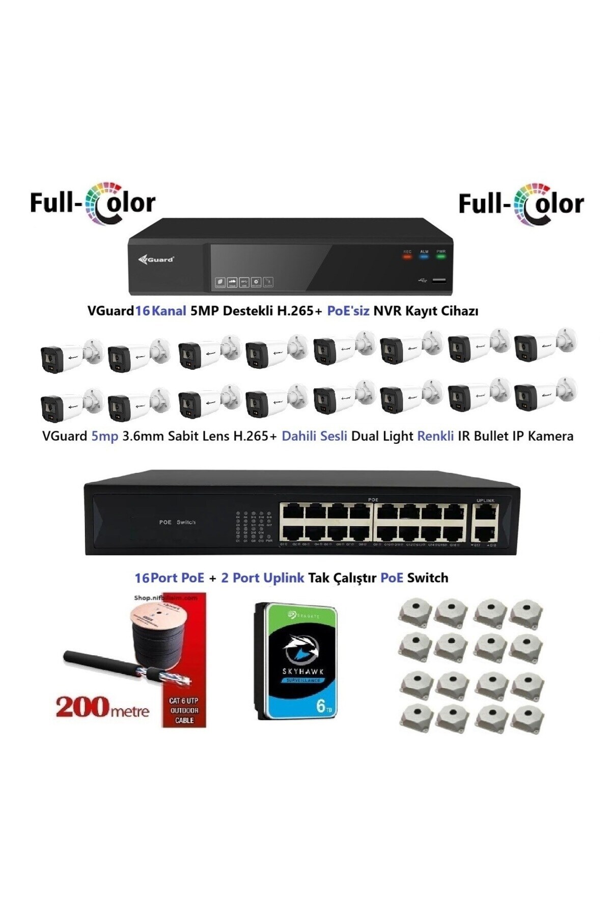 VGUARD 5mp Dahili Sesli Ve Gece Renkli 16 Kameralı Tak Çalıştır Hazır IP Kamera Seti 6TB Disk