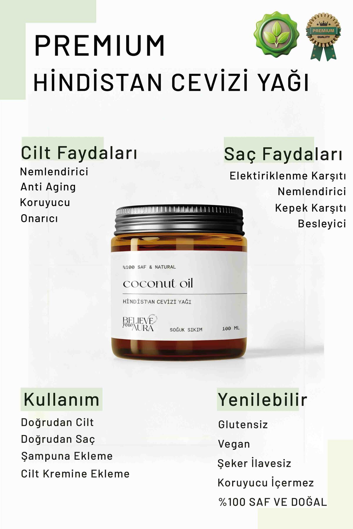 Hindistan Cevizi Yağı - %100 Saf ve Doğal Soğuk Sıkım Premium - Coconut Oil - 100 ml — ATYHNC — تصویر 2 از 3