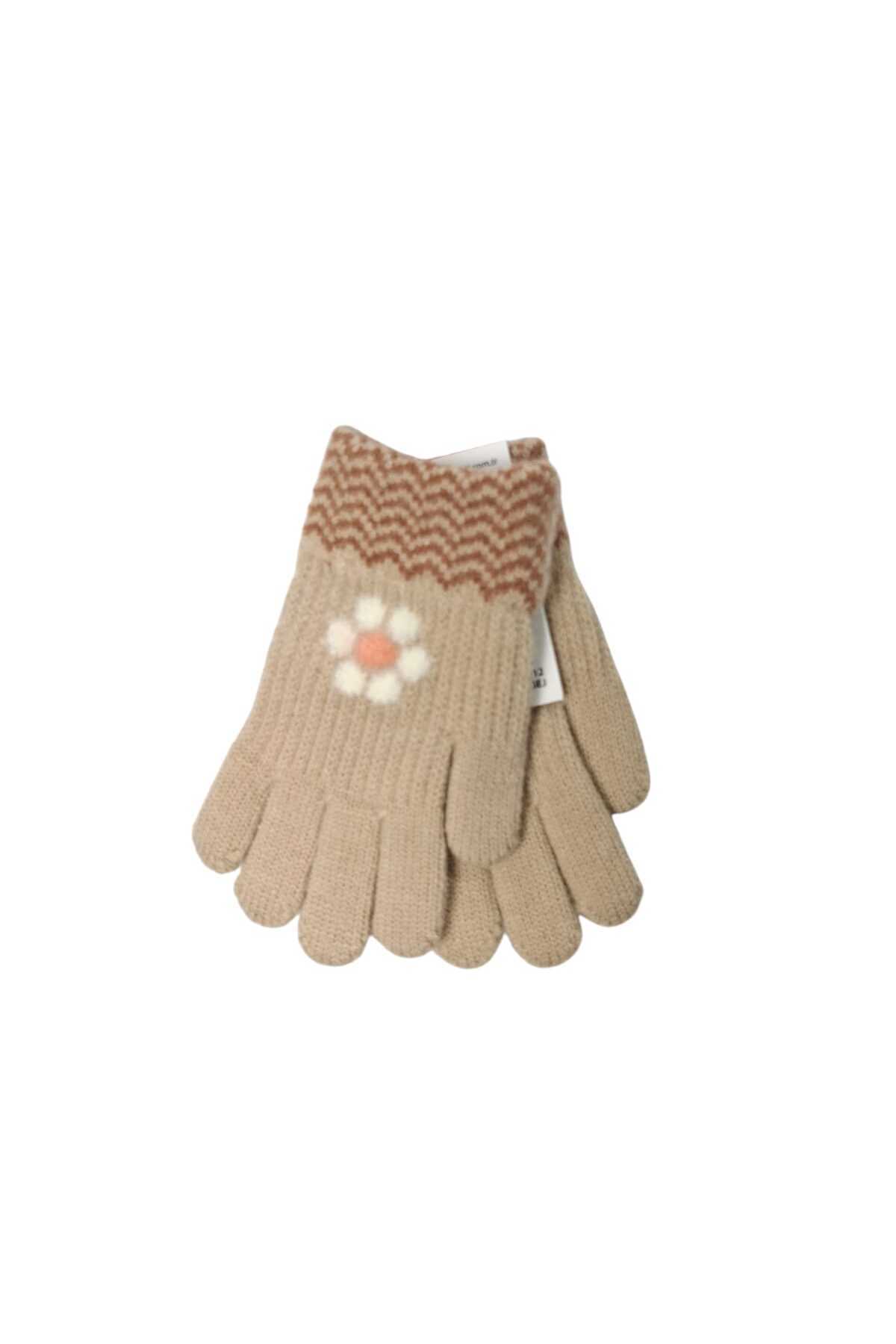 Kitti Spteks 4-8 Yaş Kız Çocuk Bej Renk Çiçek Desenli Kışlık Örme Eldiven fotoğrafı 3 (önizleme)