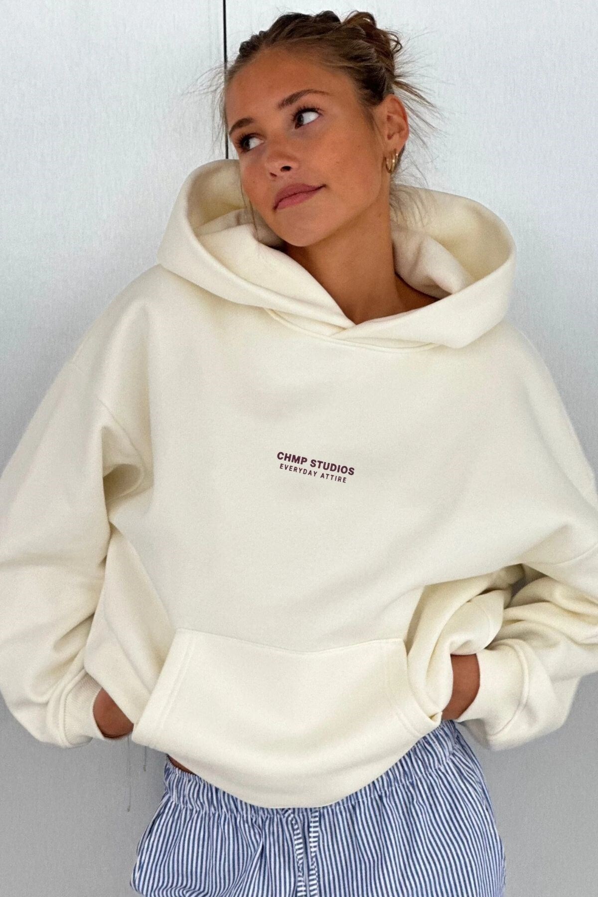 The Champ Clothing Women's Oversized Sweatshirt Hoodie Chmp Studios White – Hooded , 3 Thread Fleece, Kangaroo Pocket