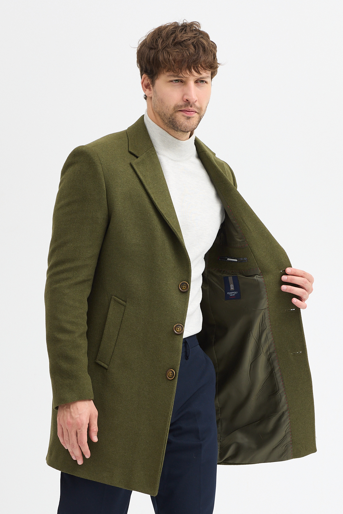 Frappoli Pagano Erkek Haki Ceket Yaka Slim Fit Kaşe Kaban görsel 6