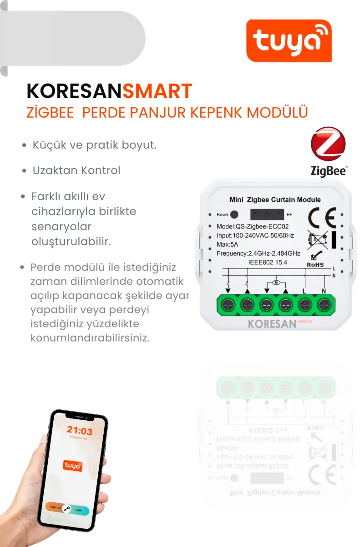 koresan Tuya Zigbee Perde Panjur Kepenk Modülü + RF Alıcılı