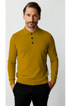 İgs Kehribar Standart Fit Dar Kalıp Polo Yaka Düz Uzun Kollu Triko