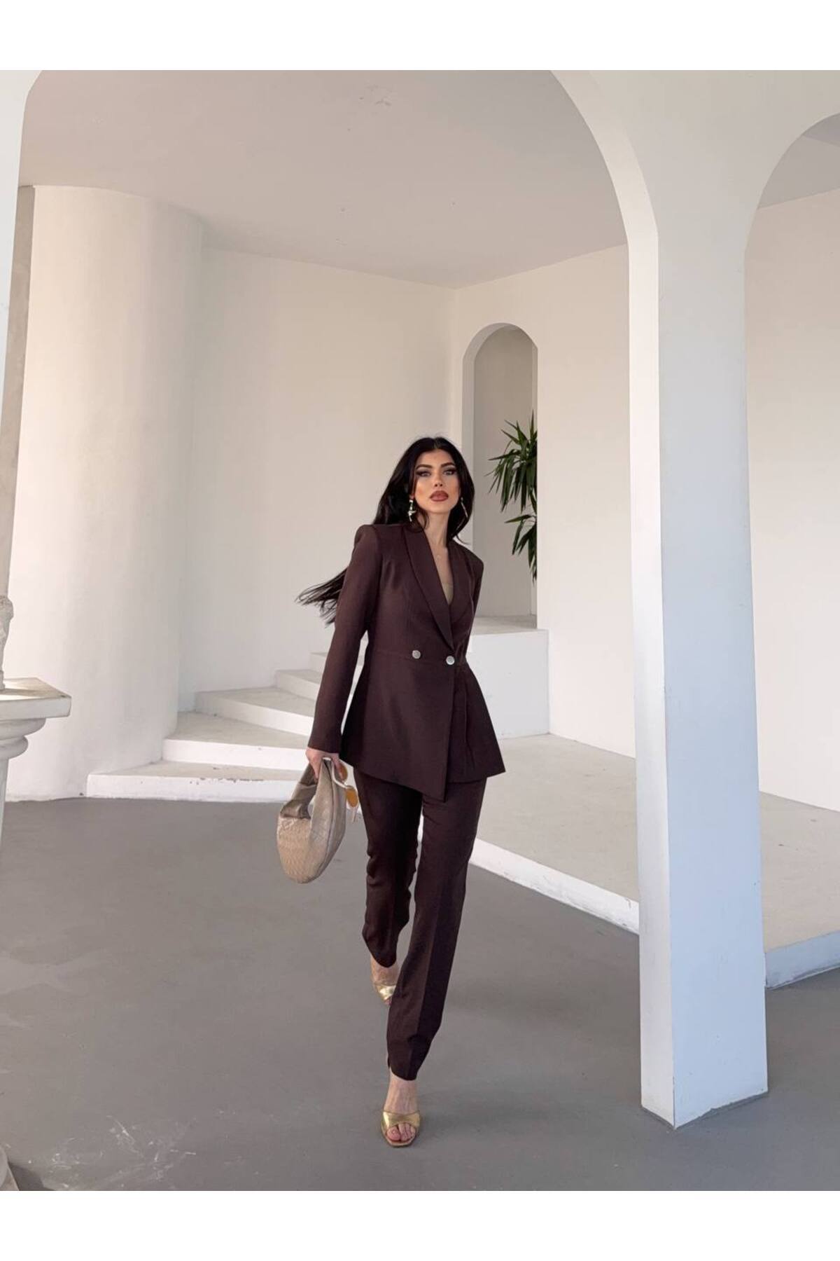 SUXİRCNHTMTS Side Pleated Detail Blazer Jacket and Flared Leg Pants Set – Modern Women's Elegance